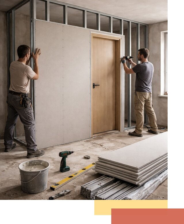 Перегородка из гипсокартона с дверью под ключ в Рыбинске