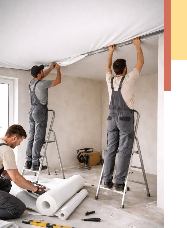 Монтаж тканевого натяжного потолка в Рыбинске от 3643 руб. под ключ | ОТДЕЛОЧНИК-Рбн