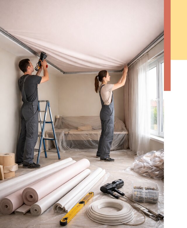 Монтаж цветного натяжного потолка в Рыбинске от 4371 руб/м² — быстро и недорого | ОТДЕЛОЧНИК-Рбн