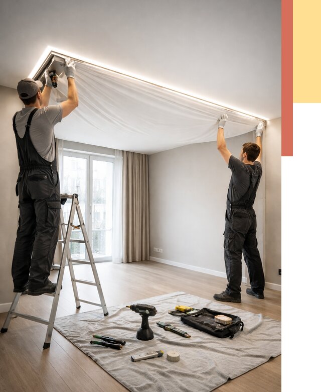 Монтаж парящего натяжного потолка в Рыбинске от 4684 руб. быстро и недорого | ОТДЕЛОЧНИК-Рбн