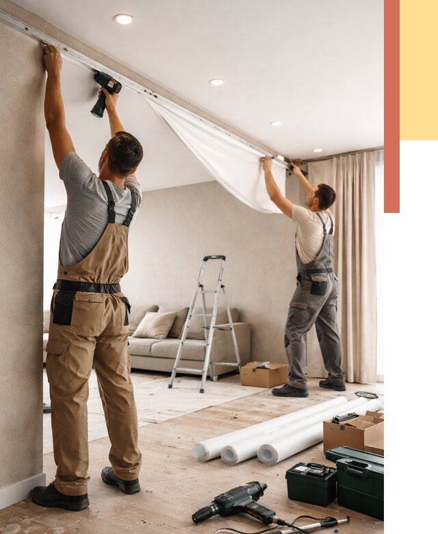 Монтаж натяжного потолка в гостиной в Рыбинске от 572 руб. | ОТДЕЛОЧНИК-Рбн