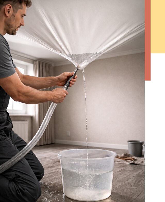 Слив воды с натяжного потолка в Рыбинске от 2602 руб. быстро и недорого | ОТДЕЛОЧНИК-Рбн