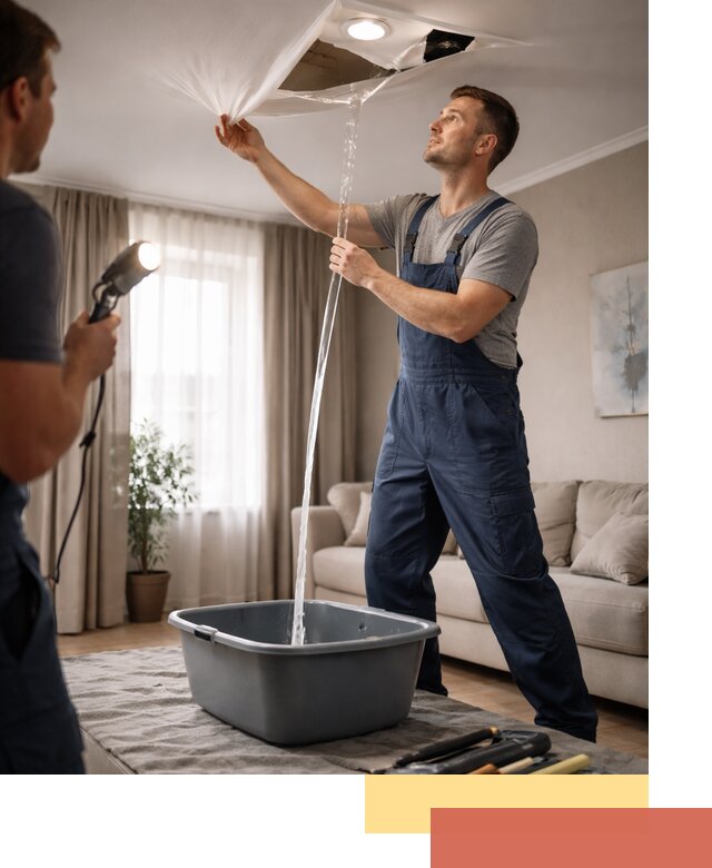 Слив воды с натяжного потолка в Рыбинске быстро и аккуратно