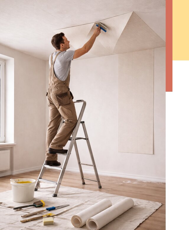 Поклейка обоев на потолок в Рыбинске от 4684 руб. быстро и недорого | ОТДЕЛОЧНИК-Рбн